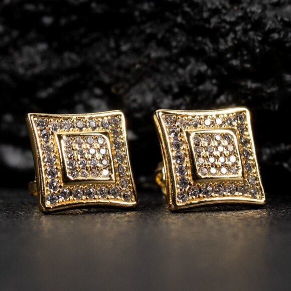 Small 3D Yellow Gold Plated Hip Hop Screw Back Iced Cz Mens Square Earrings - Picture 5 of 6